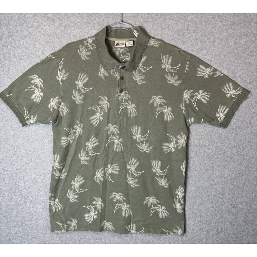 Paradise Wheels Polo Shirt Mens Large Green Palm Tree Hawaiian Button Up Island